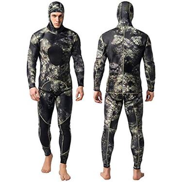 Imagem de Nataly Osmann Roupa de mergulho masculina camuflada para pesca submarina 3 mm/1,5 mm, neoprene, 2 peças, com capuz, manga comprida, roupa de mergulho de corpo inteiro para manter aquecido..