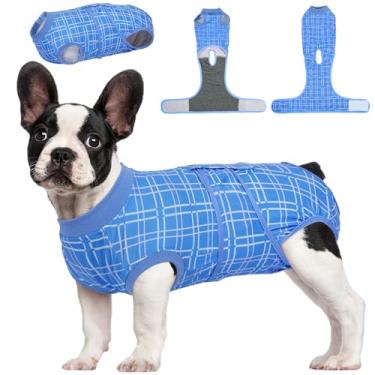 Imagem de Kuoser Terno de recuperação de cães fêmeas machos, body pós-cirurgia para castramento castrado, macacão de cachorro após cirurgia, traje de recuperação cirúrgica para animais de estimação, azul P