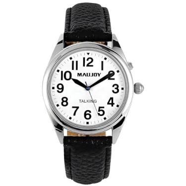 Imagem de MAUJOY Talking Watch unissex de qualidade clara e alta fala a hora, data ou hora do alarme para idosos, deficientes de visão ou cego. Mostrador branco - números pretos - pulseira de expansão, Prata, TK8833, alça