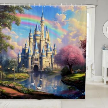 Imagem de Cortina de chuveiro de castelo de princesa com ganchos, cortina de banho à prova d'água com tema de conto de fadas dos sonhos arco-íris, flor rosa, floral, planta do lago e acessórios de banheiro, 182