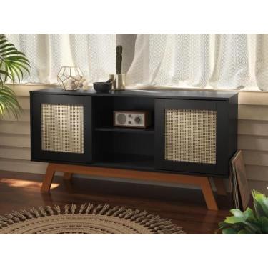 Imagem de Rack Buffet Com Duas Porta De Correr Rattan Pés Em Madeira Preto - Ofe