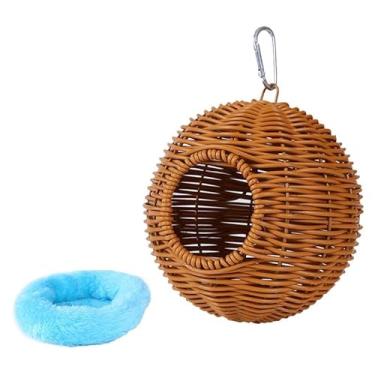 Imagem de Bothyi de pássaro de vime artificial pendurado, cama de rede, cabana, presente, casa de tecida à mão com almofada para gaios-azuis, pássaros, Furo Único Azul