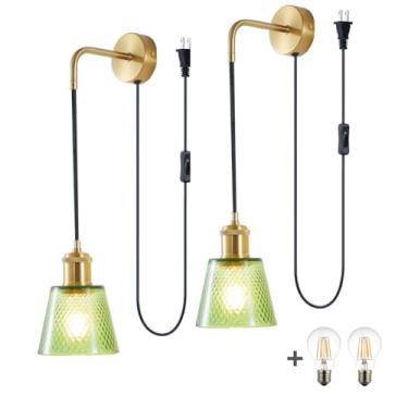 Imagem de COMPIXIU Pacote com 2 arandelas de parede com abajur de vidro treliça verde, luz de parede com interruptor cabo de plugue de 12 m, lâmpada de parede ajustável sem fio para pendurar na cabeceira da