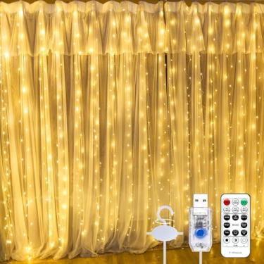 Imagem de Cortina de LED 3x3m 300 LEDs Branca Quente | Pisca Pisca Cascata USB com Controle Remoto, 8 Modos, Temporizador, à Prova d’Água IP68 | Decoração de Natal, Festa, Casamento e Casa (Branco Quente)