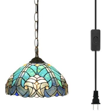 Imagem de Blivuself Luminária pendente Tiffany 30,5 cm de vidro manchado verde lâmpada suspensa estilo vintage para decoração de casa cozinha ilha sala de jantar corredor bar