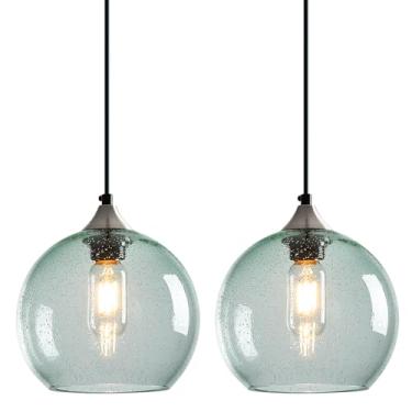 Imagem de LBSQJ Luzes pendentes de vidro verde claro para ilha de cozinha globo luminária pendente moderna para quarto sala de jantar luminária (20 cm, 2 unidades)