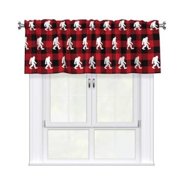 Imagem de JIEKENMO Cortina blecaute xadrez vermelho Buffalo Pé Grande Natal Sasquatch sanefa para janela de cozinha, sala de estar, banheiro privacidade adicional bolso para varão decoração de casa Winow