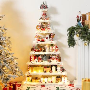 Imagem de DoubleFill Prateleiras de exibição de vila de Natal de 8 camadas, prateleira grande de canto de árvore de Natal de 1,6 m, uma estante em forma com 8 peças, cobertor de neve artificial, suporte de