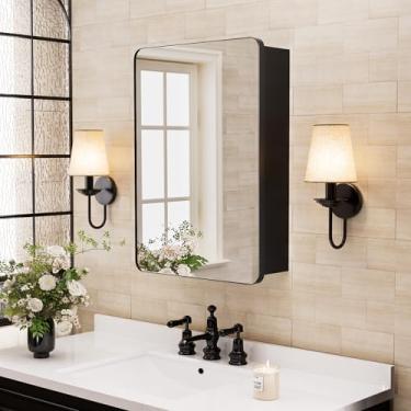 Imagem de Armário de remédios preto para banheiro com espelho - Armário de parede de 40 x 61 cm com prateleiras de armazenamento ajustáveis - Armário de remédios espelhado embutido ou montado em superfície