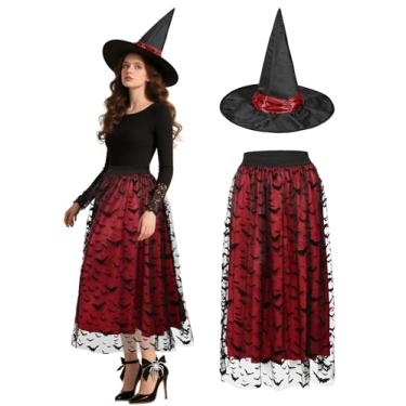 Imagem de Saias femininas de Halloween com chapéu de bruxa, morcegos de veludo, saia midi de tule para festa à fantasia