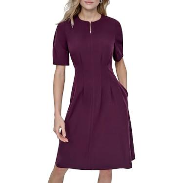 Imagem de DKNY Vestido feminino de manga curta bufante, gola joia, comprimento até o joelho, zíper frontal, Damson, 50