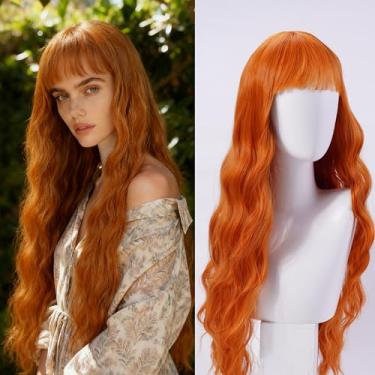 Imagem de Stylophyx Peruca laranja, peruca ondulada encaracolada com franja, cabelo sintético resistente ao calor natural projetado para mulheres, cabelo respirável adequado para cosplay, festas e apresentações