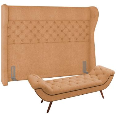 Imagem de Kit Cabeceira Cama Box Casal 160 cm Madrid com Puff Recamier Santorini P05 Bouclê Mostarda - Lyam Decor