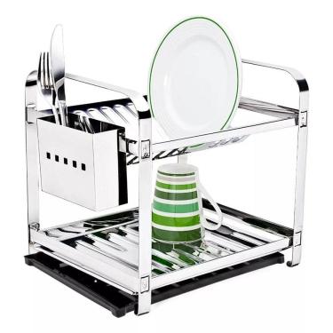 Imagem de Escorredor Louças 12 Pratos Porta Talher Inox E Bandeja