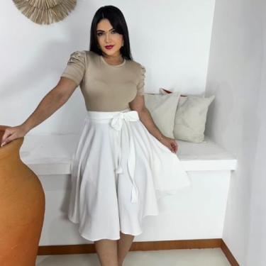 Imagem de Saia Midi Godê Moda Evangélica Feminina - Miss Flower, Branco, G
