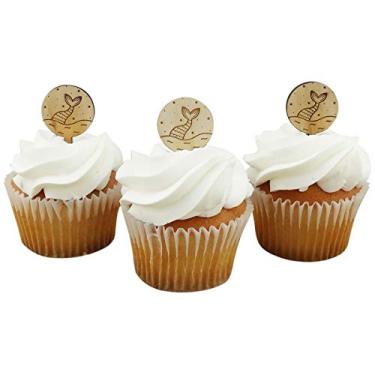 Imagem de Toppers de cupcake cauda de sereia - Conjunto de 12 em madeira gravada - Decoração de festa de aniversário