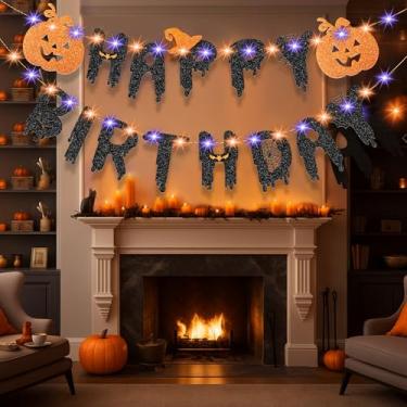 Imagem de Faixa de Feliz Aniversário de Halloween, Decorações de Festa de Aniversário de Abóbora com 8 Modos de Luzes de LED Tema de Dia das Bruxas 1º Crianças Suprimentos de Aniversário para Decoração de Ação de Graças Outono Abóbora