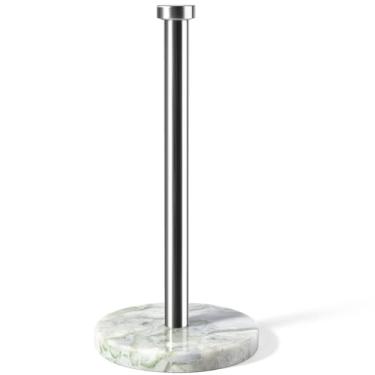 Imagem de Koville Suporte de toalha de papel de mármore africano, base de pedra de 15 cm, suporte de toalha de papel de haste dourada para armazenamento de cozinha, para rolos padrão ou tamanho jumbo