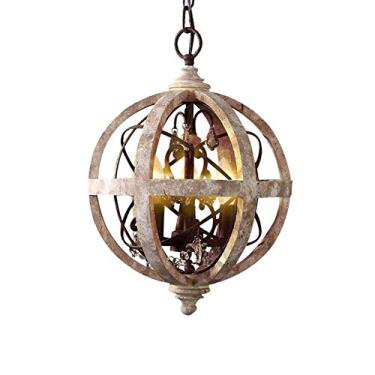Imagem de Lustre de arte em madeira maciça, lustre de bola retrô, luminárias de teto de corredor industrial antigo E14, lustres de globo ajustáveis estilo chique gasto, durante a iluminação - vintage