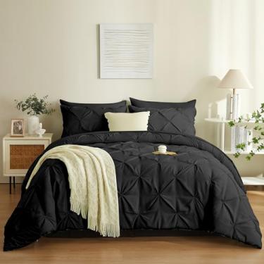 Imagem de BOLINLIVING Conjunto de edredom Queen, 7 peças, boêmio, pintuck, edredom plissado para todas as estações, conjunto de edredom com lençol de cima, lençol com elástico, fronhas e fronha, preto