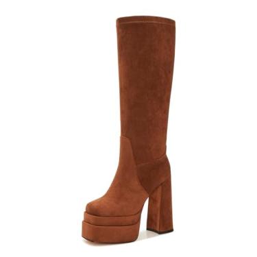 Imagem de ZXHYZLZ Botas femininas plataforma de camurça na altura do joelho – Botas altas elásticas de salto alto para pernas plus size, Camurça marrom, 10 Wide