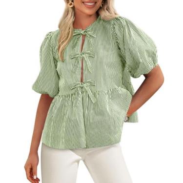 Imagem de Blusa feminina PRETTYGARDEN com gravata frontal listrada verde militar