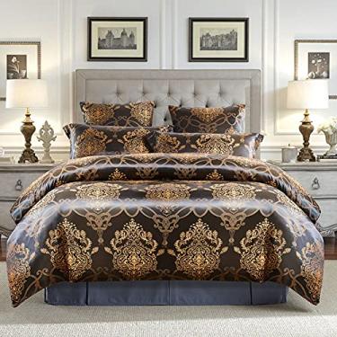 Imagem de Conjunto de capa de edredom de cetim jacquard floral, tamanho solteiro, 3 peças, luxuosa, estilo seda, conjunto de capa de edredom com fecho de zíper e laços de canto (vermelho, solteiro) (Queen preto