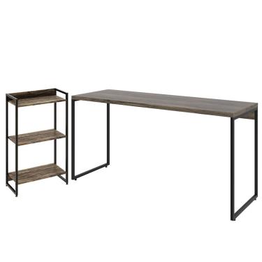Imagem de Kit Estante Areta 3 Prateleiras com Mesa Industrial Aspen 150cm C01 Carvalho Dark - Lyam Decor