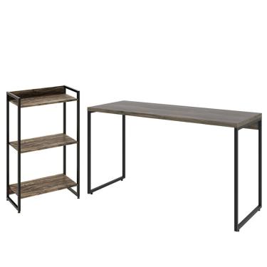 Imagem de Kit Estante Areta 3 Prateleiras com Mesa Industrial Aspen 135cm C01 Carvalho Dark - Lyam Decor