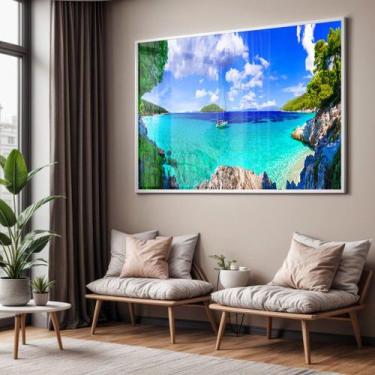 Imagem de Quadro com Moldura e Acrilico Cristal Vidro Sala Quarto Mar Azul Barco