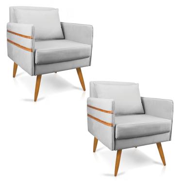 Imagem de Kit 02 Poltronas Mari Suede Cinza Pés Palito Castanho - D'Rossi