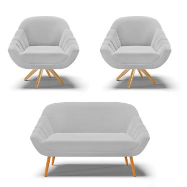 Imagem de Kit 01 Namoradeira 02 Lugares e 02 Poltronas Giratória Giovana Suede Cinza Base Madeira MA30 - D'Rossi