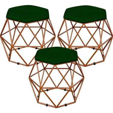 Imagem de Kit 03 Puffs Decorativo Aramado Bronze Six L02 Suede Verde Musgo - Lyam Decor