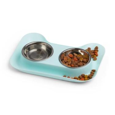 Imagem de Comedouro Pet Cão e Gato Potes Inox Tigela Dupla(azul)