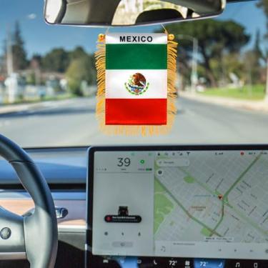 Imagem de Bandeira pendurada na janela do México de 10 x 15 cm - Mini bandeira e decoração de espelho retrovisor de carro - Franja e dupla face - Bandeira mexicana pendurada com ventosa