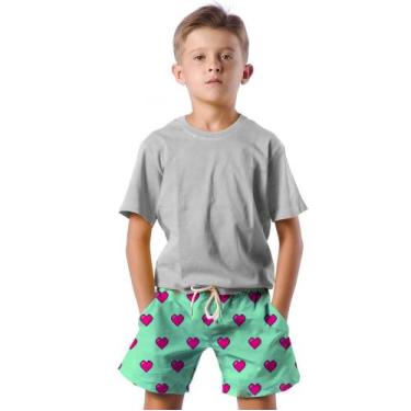 Imagem de Shorts Infantil Bermuda Calção Praia Verão Coração Pixel Rosa 294 - SM