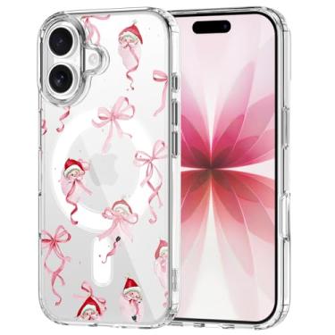 Imagem de OFQKOAKS Capa para iPhone 16 Pro, compatível com MagSafe, linda capa de telefone magnética de Natal com laço de Papai Noel, capa protetora transparente e macia para mulheres e meninas