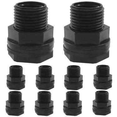 Imagem de BokWin Pacote com 10 encaixes de anteparo de mangueira de jardim, encaixe de tanque de anteparo de rosca dupla, NPT fêmea de 1/2 polegada x conector rosqueado macho de 3/4 polegada, preto, para barris
