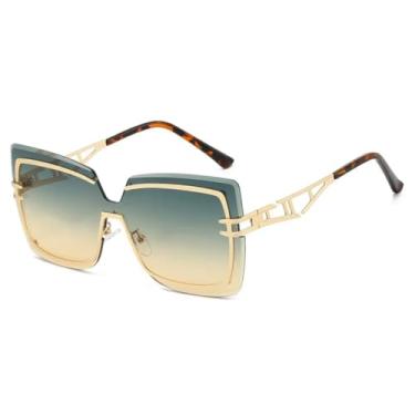 Imagem de HCHES Óculos de Sol Femininos de Luxo Sem Armação com Lentes Degradê e Dupla Face, Proteção UV400 (Dourado, Verde e Amarelo)