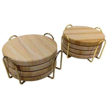 Imagem de YONGHEE Conjunto de 8 porta-copos de arenito com suporte, porta-copos de mármore redondos modernos elegantes para decoração de mesa de café, porta-copos de pedra absorvente para bebidas, 10 cm