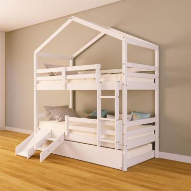 Imagem de Treliche Solteiro Casinha e Kit Escada/Escorregador Grade Proteção Madeira Maciça Branco Megamobilia