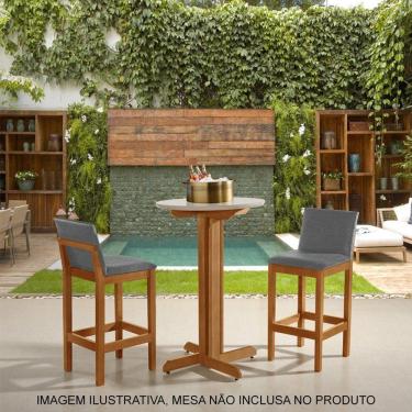 Imagem de Kit 2 Banquetas Alta Luxo Pérola Com Encosto Estofada Em Linho Cinza Madeira Maciça Castanho