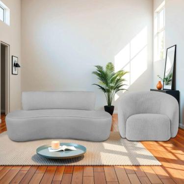 Imagem de Kit Recamier Curvo Amsterdã 140cm E Poltrona Amore Luxo Linho Cor Cinza Claro