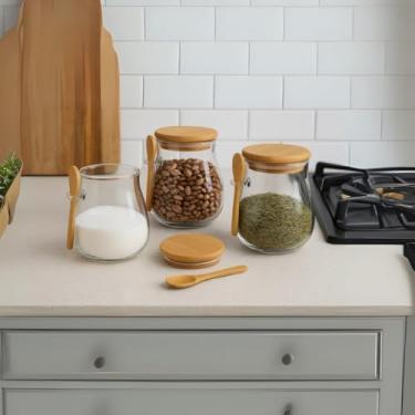 Imagem de Kit 2 Potes Temperos Redondo Porta Mantimentos Condimentos Vidro Hermético Tampa Bambu Colher 500ml(Bambu)