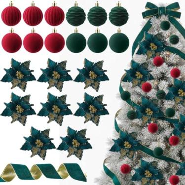Imagem de Soulchen Conjunto de 21 peças de decorações de árvore de Natal, 12 bolas de veludo, enfeites de pendurar de Natal, 8 flores de poinsétia com glitter, 1 rolo de fita de veludo verde larga de 6 cm para