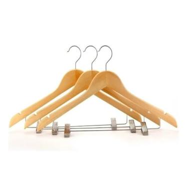 Imagem de Kit 3x Cabides De Madeira Com Presilha Verniz Marfim Roupa