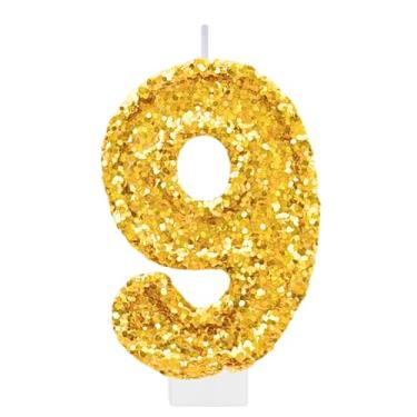 Imagem de Vela de aniversário dourada número 9 para bolo, topo de bolo dourado com glitter, decorações grandes de 9 anos, suprimentos de festa para mulheres e homens, decoração de cupcake de festa de