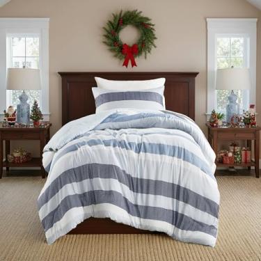 Imagem de Regency Heights Conjunto de edredom e fronha de solteiro listrado de 2 peças – Roupa de cama reversível de microfibra escovada macia para todas as estações, leve e respirável, lavável na máquina, azul