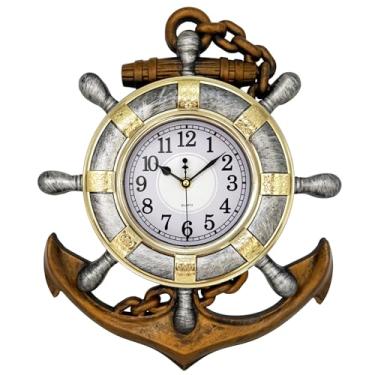 Imagem de Relógio âncora ao ar livre, relógio de parede com leme de roda náutica, relógio decorativo estilo mar praia para pátio, piscina, varanda (ouro vintage + prata)