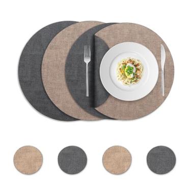 Imagem de Jogo americano redondo de couro de pano, cinza e bege, dupla face, resistente ao calor, conjunto de 4, jogo americano pequeno para prato de sobremesa, fácil de limpar para jantar